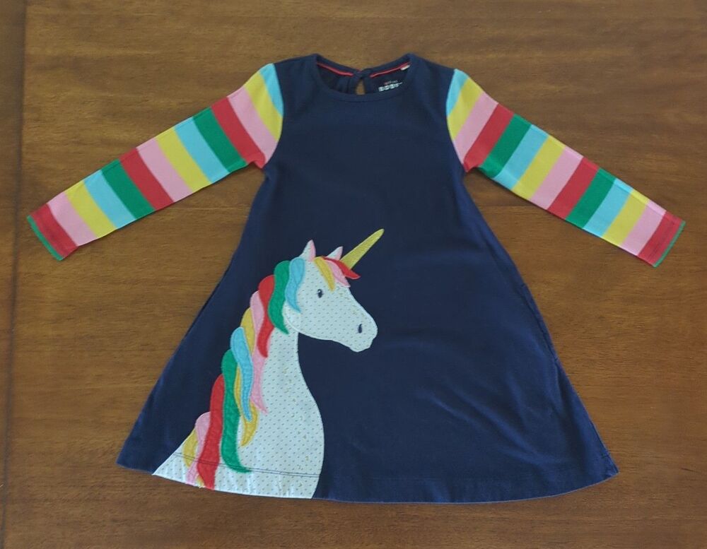 Mini Boden Girls Unicorn Rainbow Applique long sleeve dress size 3/4 EUC